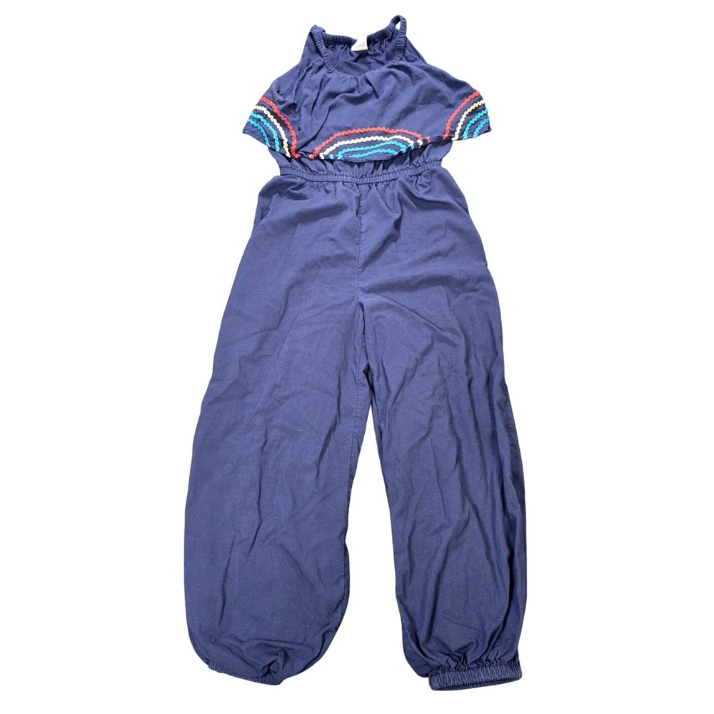 Tucker + Tate Jumpsuit Girl's Size 7 Navy Blue Cotton Rainbow Rickrack Ruffle